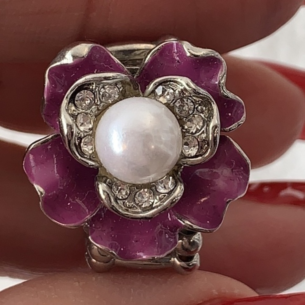 💐5/25 faux Pearl large flower purple enamel large bling statement ring stretch